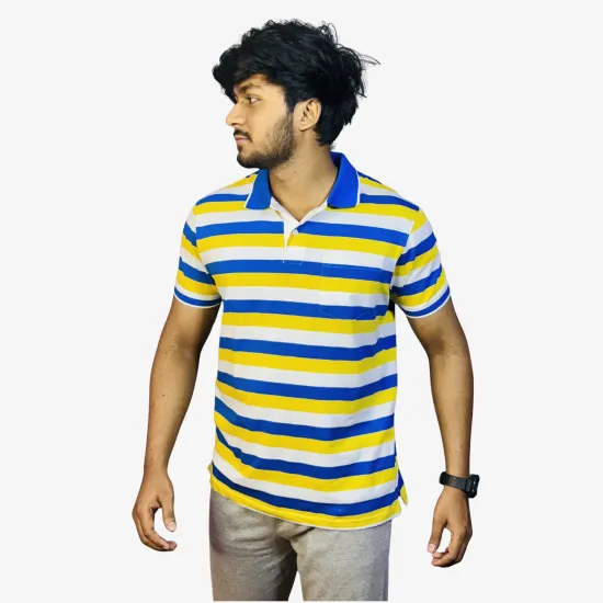 Men's Blue Yellow White Striped Polo T-Shirt | Premium Cotton Regular Fit
